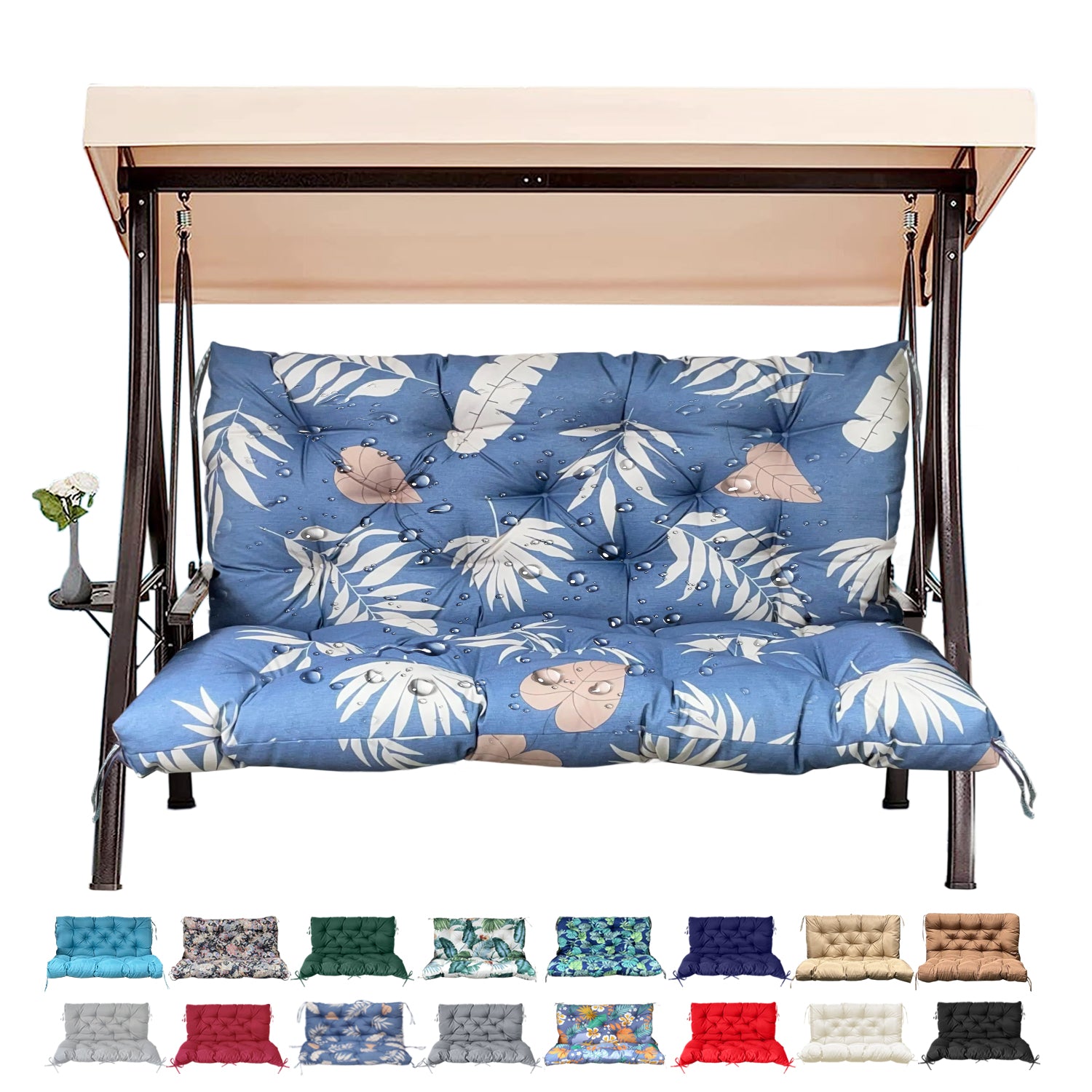 3 Size Outdoor Porch Swing Cushion with Backrest | All Weather Waterproof Tufted Patio Bench Replacement Pad, Anti-Slip Fixing Ties, Fade Resistant Swing Seat Cushion for 2/3-Seater Garden Hanging Swing
