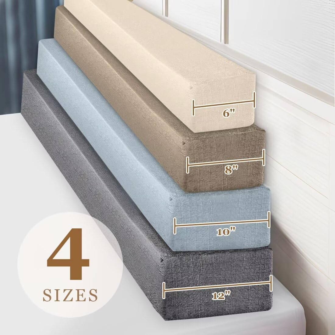 Dark gray bed gap filler wedges in multiple sizes with height measurements