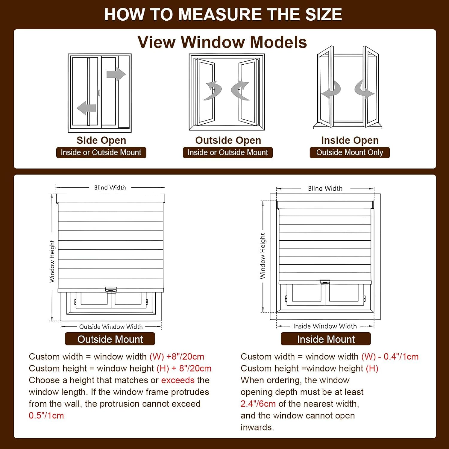 Window blind sizing diagram with outside and inside mount measurement views