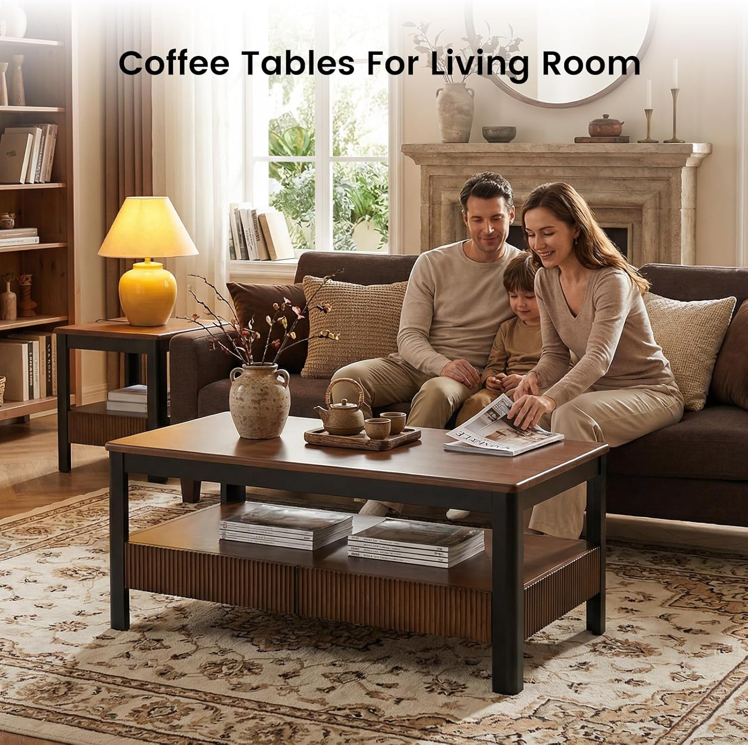 Walnut Solid Wood Coffee Table - Mid-Century Modern Fluted Coffee Table with 2 Drawers & Open Shelf Storage for Living Room, Oak Rectangle Style