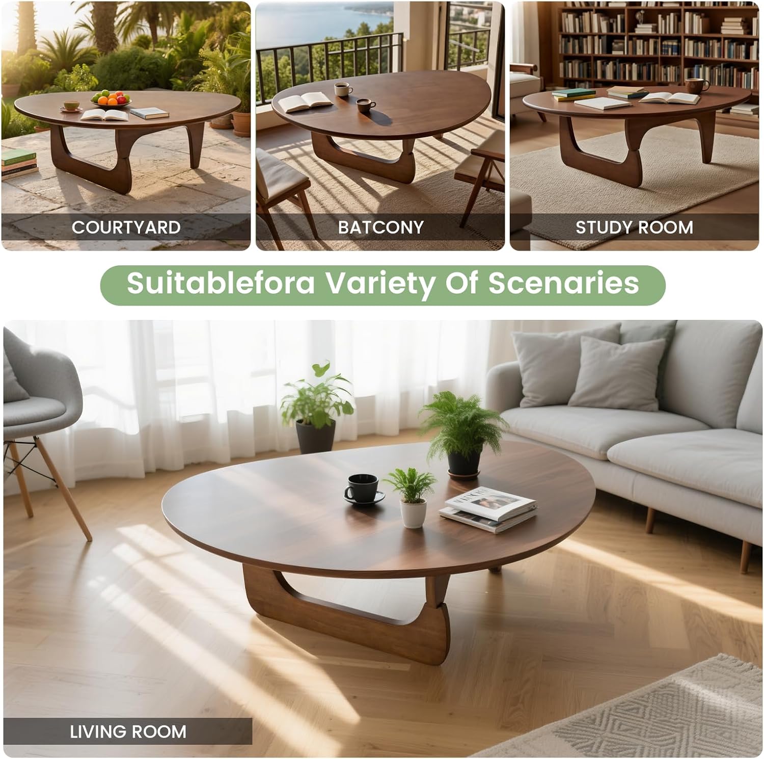 Mid-Century Modern Triangular Solid Wood Coffee Table - Unique Irregular Geometric Oval Table with Reinforced Legs for Living Room