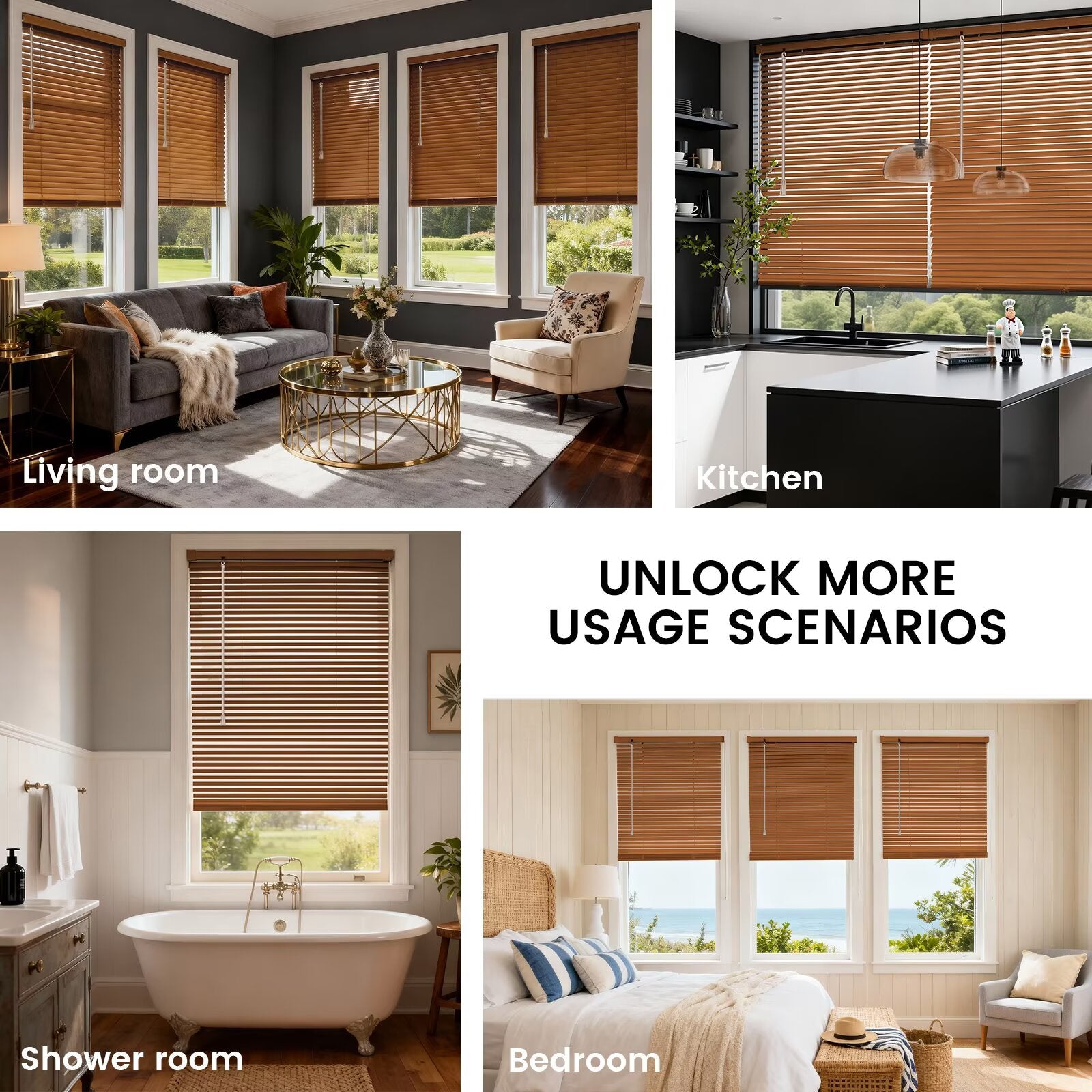 Brown PVC mini blinds on windows in living room and kitchen, partially closed slats