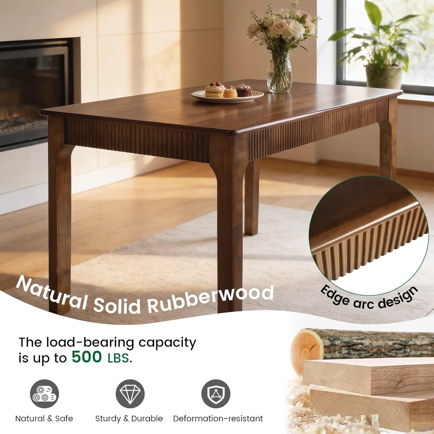 Natural & Walnut Solid Wood Dining Table for 4-6 People, Mid-Century Modern Farmhouse Rectangular Kitchen Table with Fluted Front Panel, Multipurpose Wooden Desk for Apartment, Living Room & Home Office