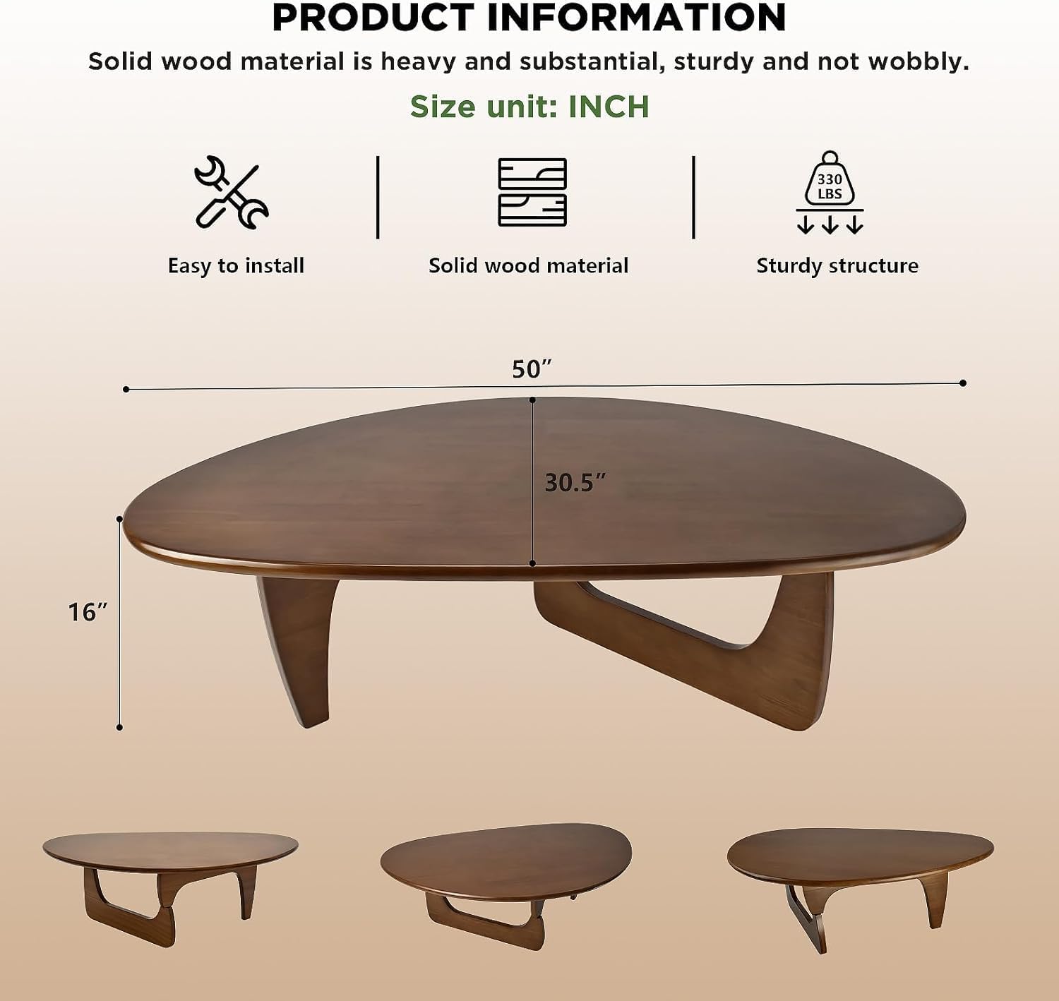 Mid-Century Modern Triangular Solid Wood Coffee Table - Unique Irregular Geometric Oval Table with Reinforced Legs for Living Room