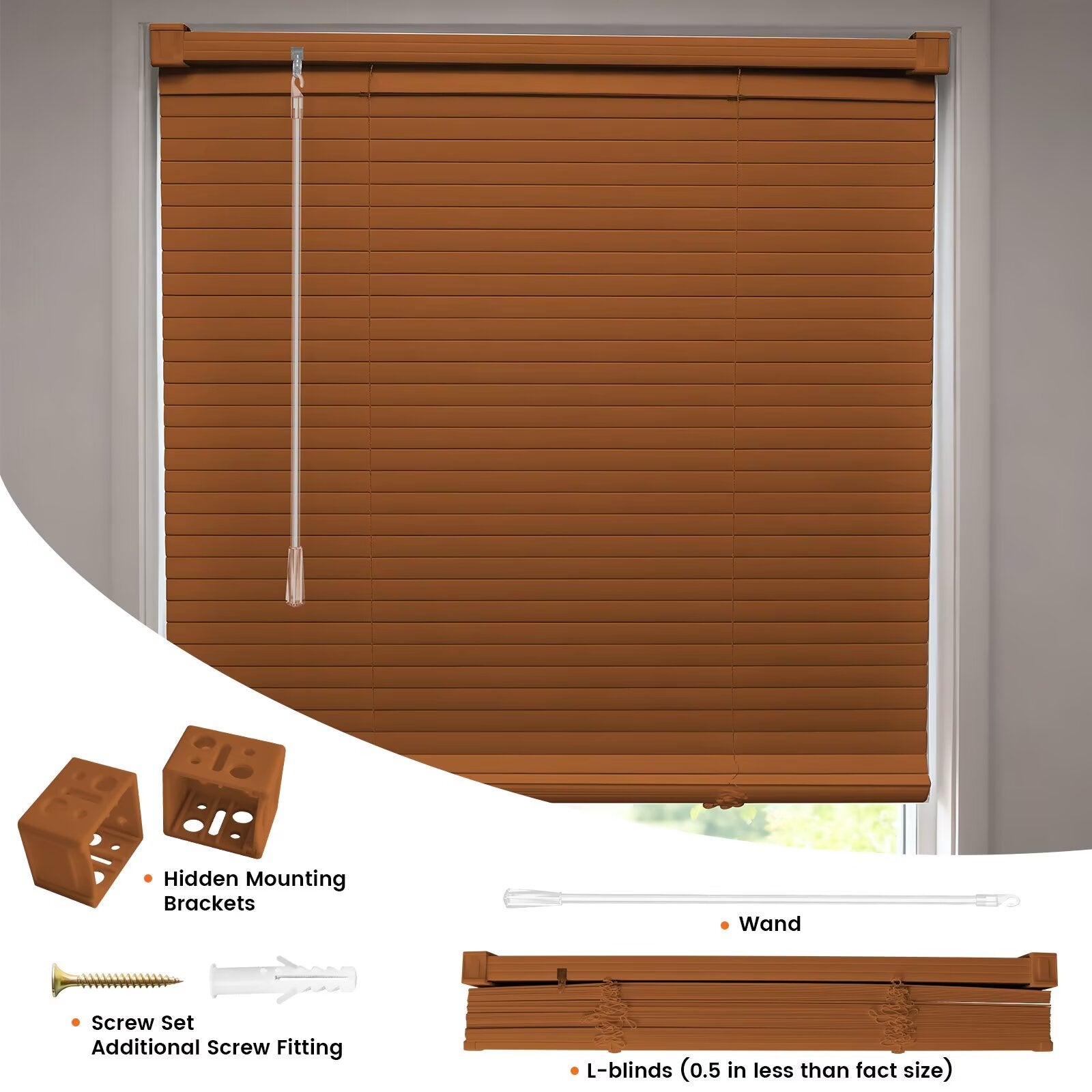 Brown PVC mini blinds with hidden mounting brackets and lift wand components
