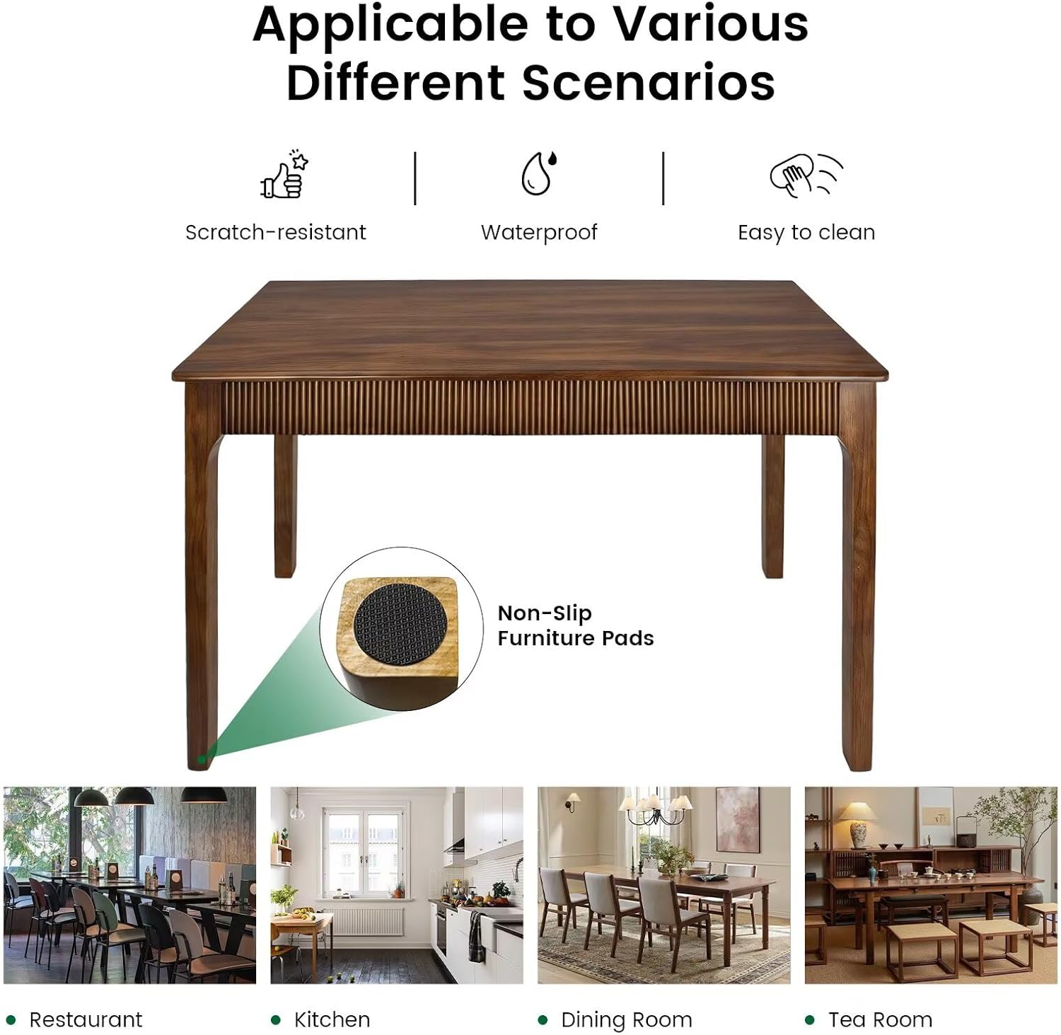 Natural & Walnut Solid Wood Dining Table for 4-6 People, Mid-Century Modern Farmhouse Rectangular Kitchen Table with Fluted Front Panel, Multipurpose Wooden Desk for Apartment, Living Room & Home Office