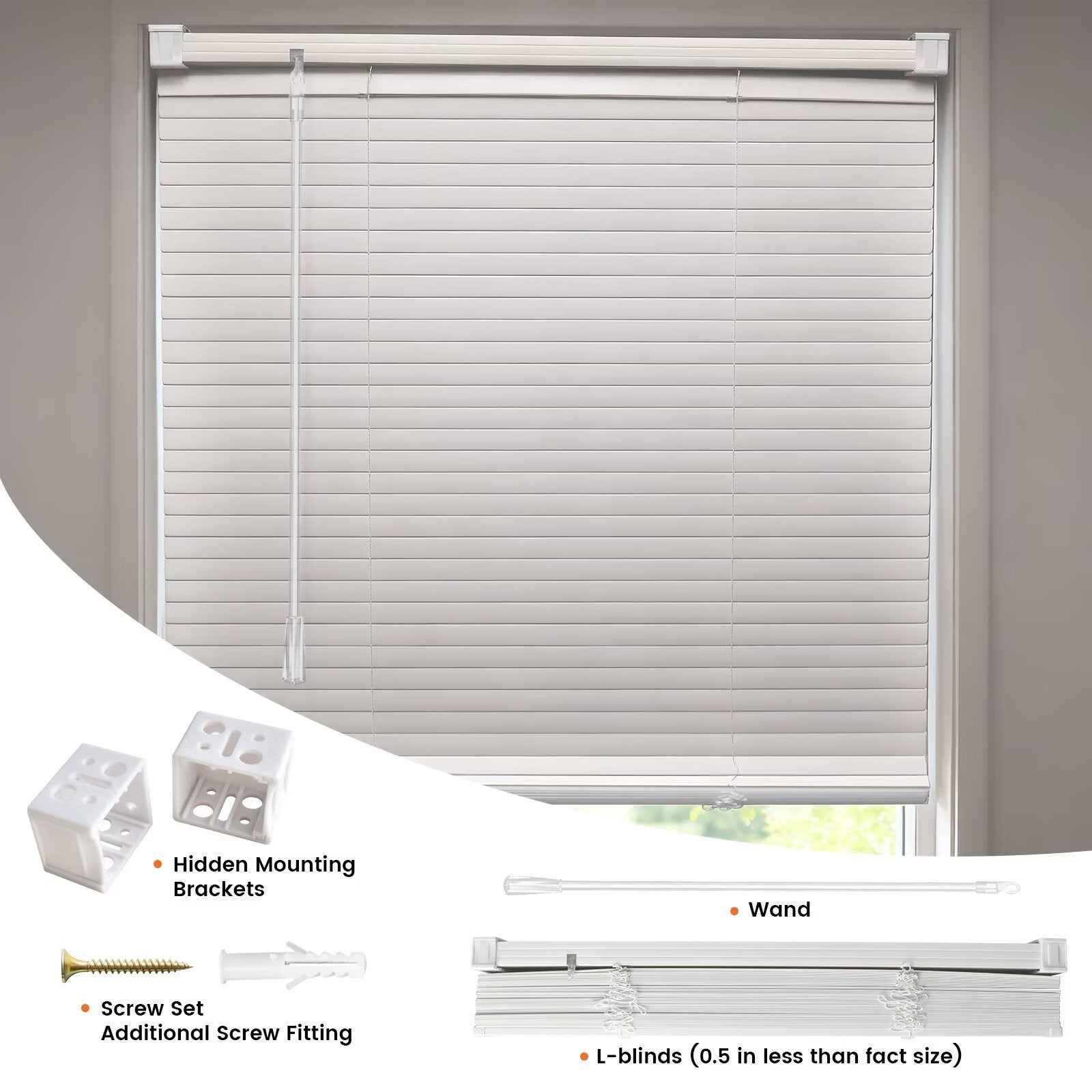 White mini blinds installation kit with wand, hidden mounting brackets, and screw set