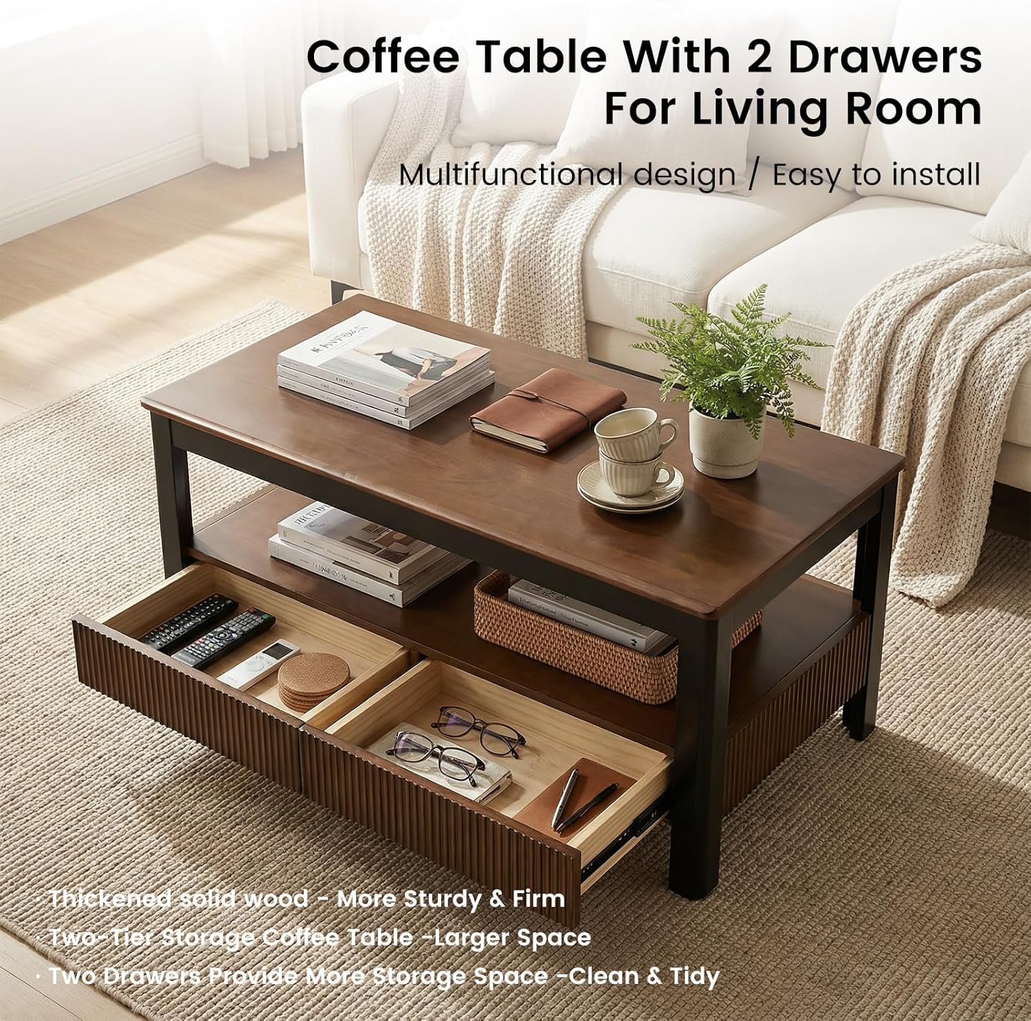 Walnut Solid Wood Coffee Table - Mid-Century Modern Fluted Coffee Table with 2 Drawers & Open Shelf Storage for Living Room, Oak Rectangle Style