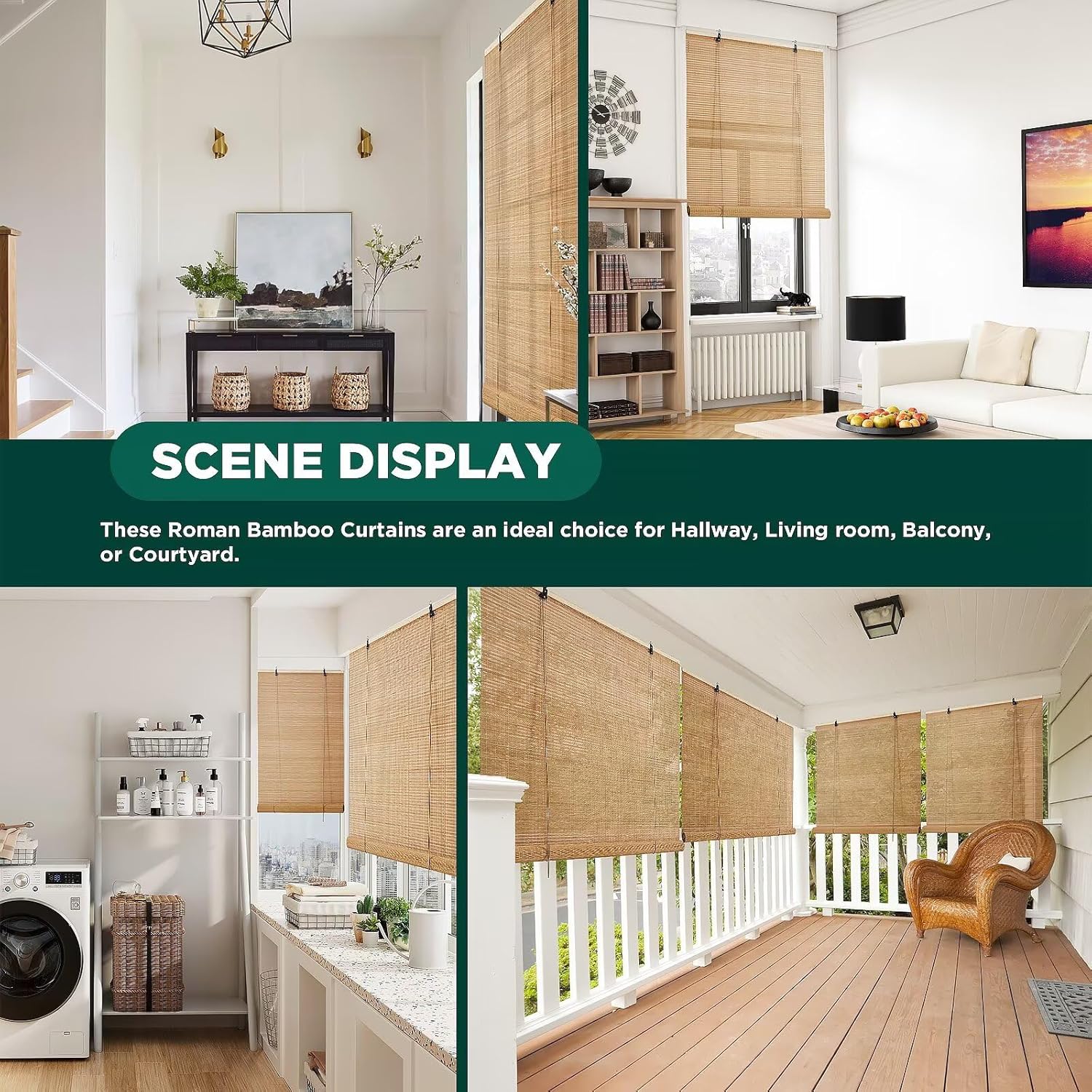 Roll-up bamboo blinds filtering soft natural light indoors