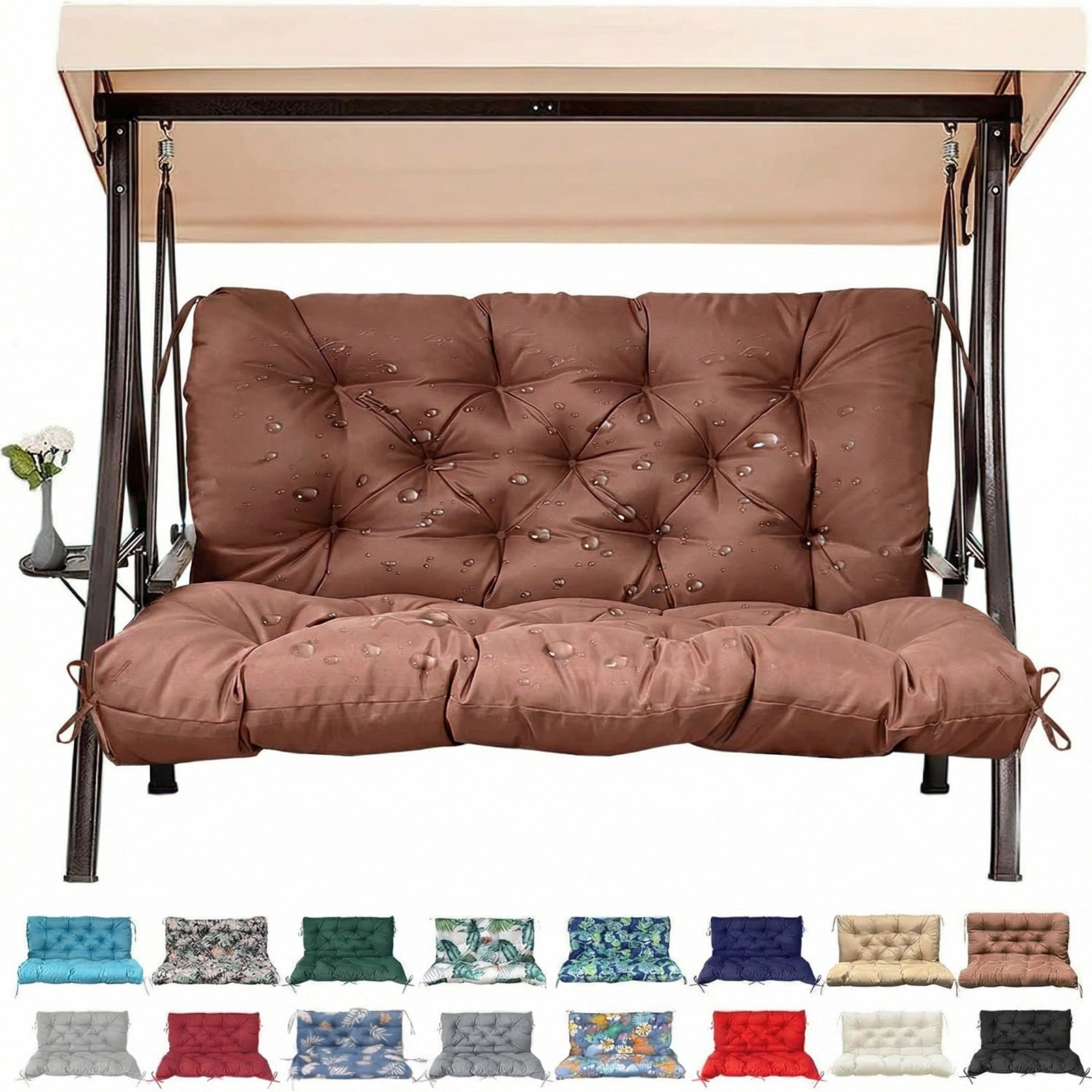 3 Size Outdoor Porch Swing Cushion with Backrest | All Weather Waterproof Tufted Patio Bench Replacement Pad, Anti-Slip Fixing Ties, Fade Resistant Swing Seat Cushion for 2/3-Seater Garden Hanging Swing