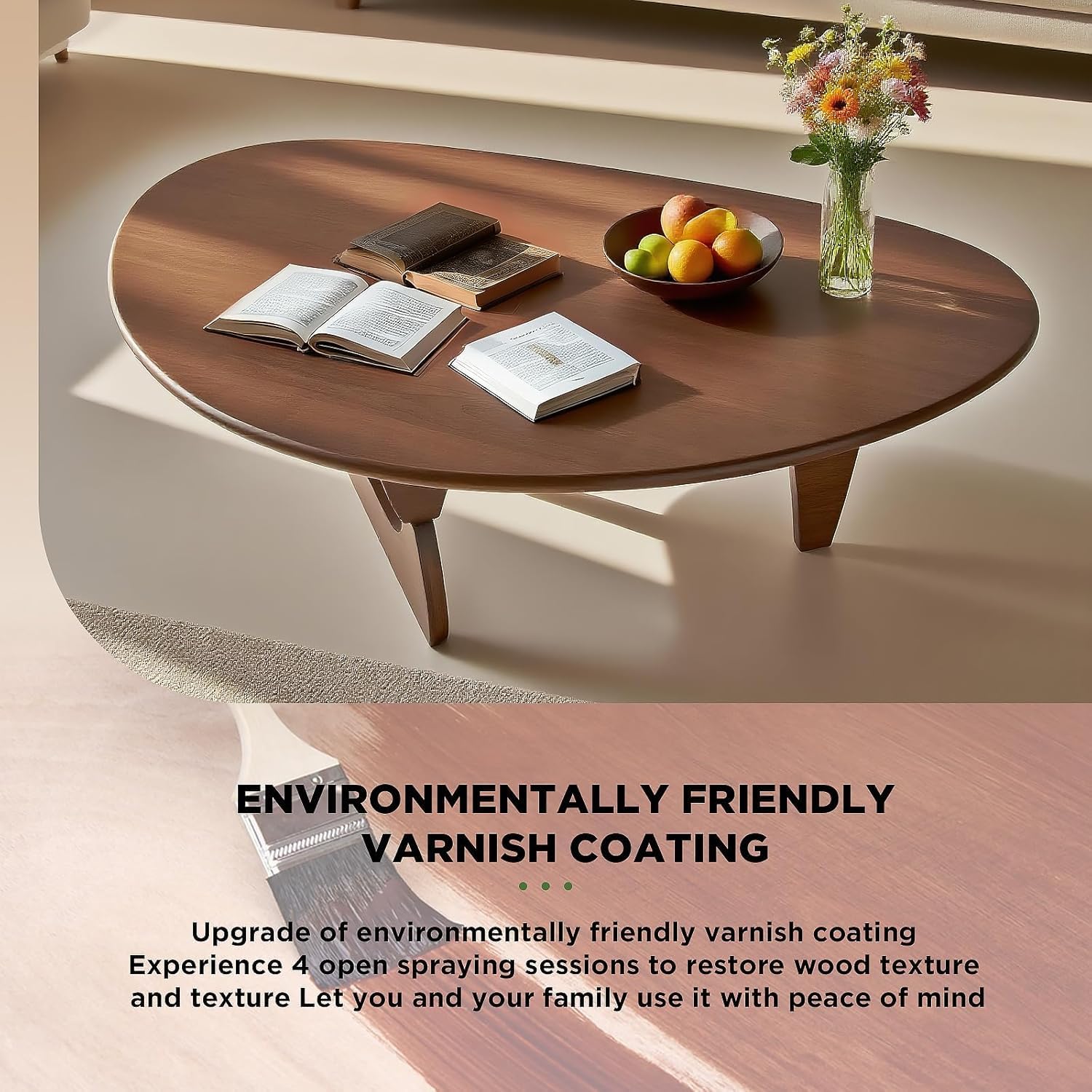 Mid-Century Modern Triangular Solid Wood Coffee Table - Unique Irregular Geometric Oval Table with Reinforced Legs for Living Room