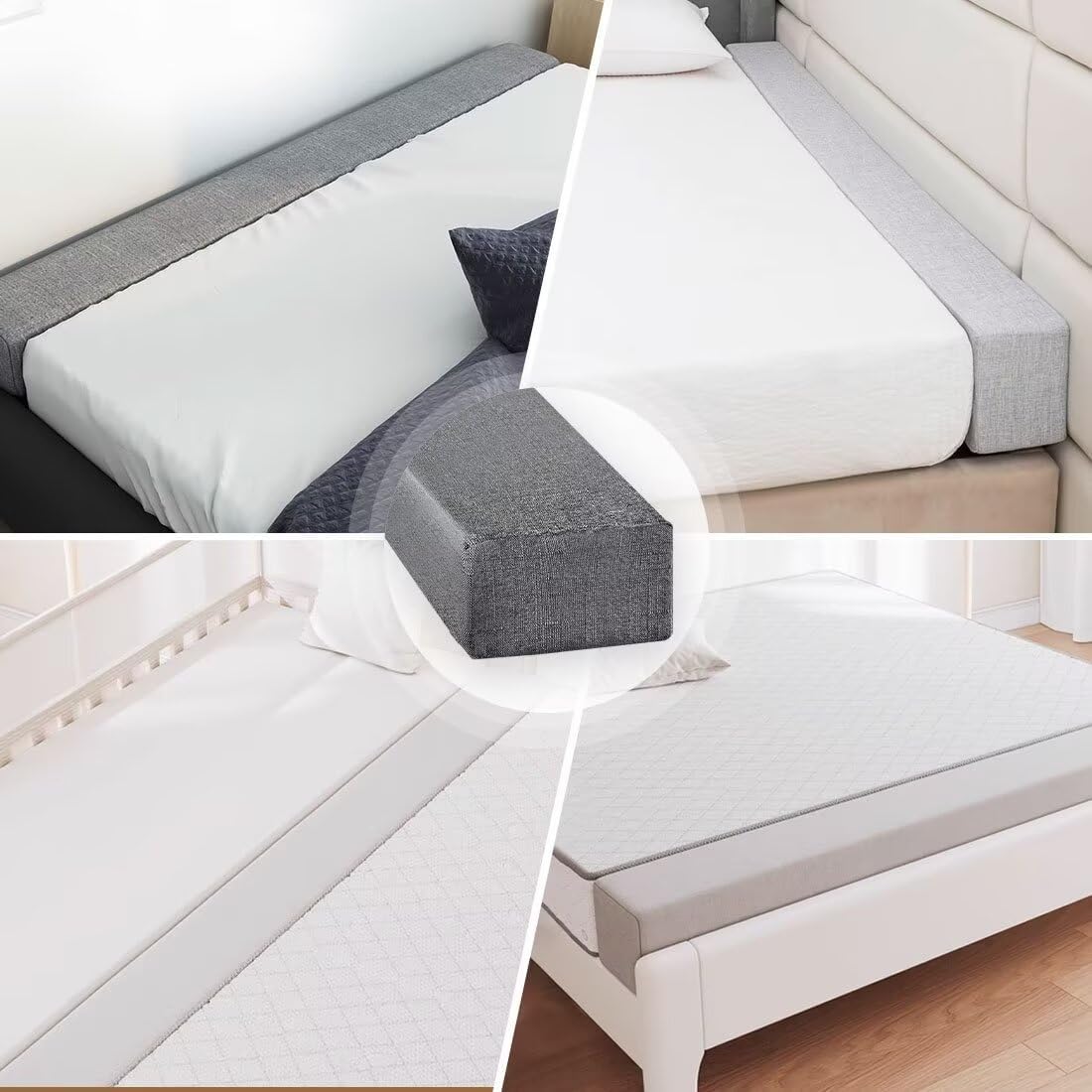 Dark gray bed gap filler wedge installed between two mattresses