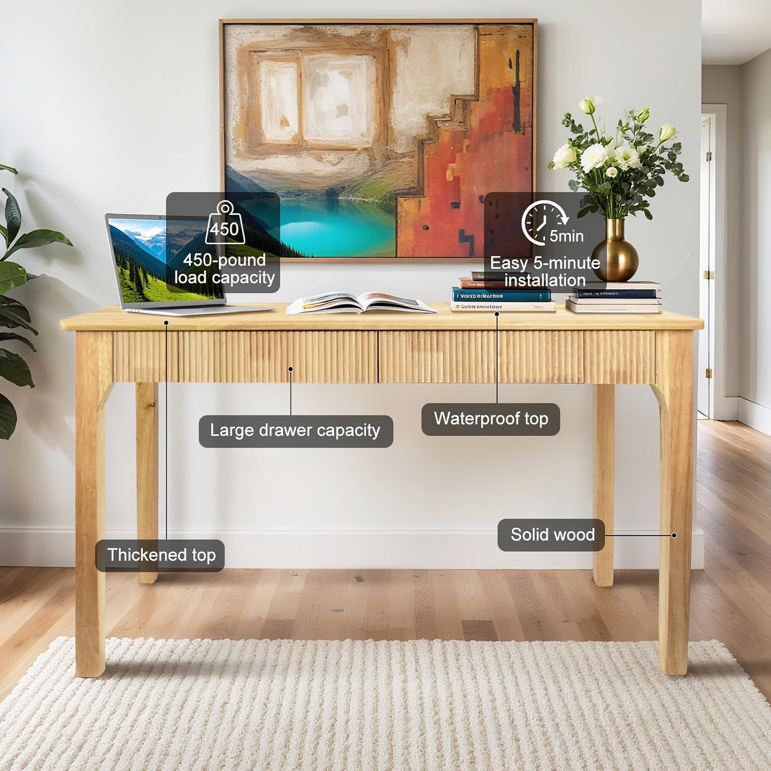 39.4"/47.2" Mid-Century Modern Fluted Solid Wood Writing Desk with 2 Storage Drawers, Oak Wood Computer Table Easy to Assemble for Home Office, Bedroom & Living Room, Natural & Walnut Finish