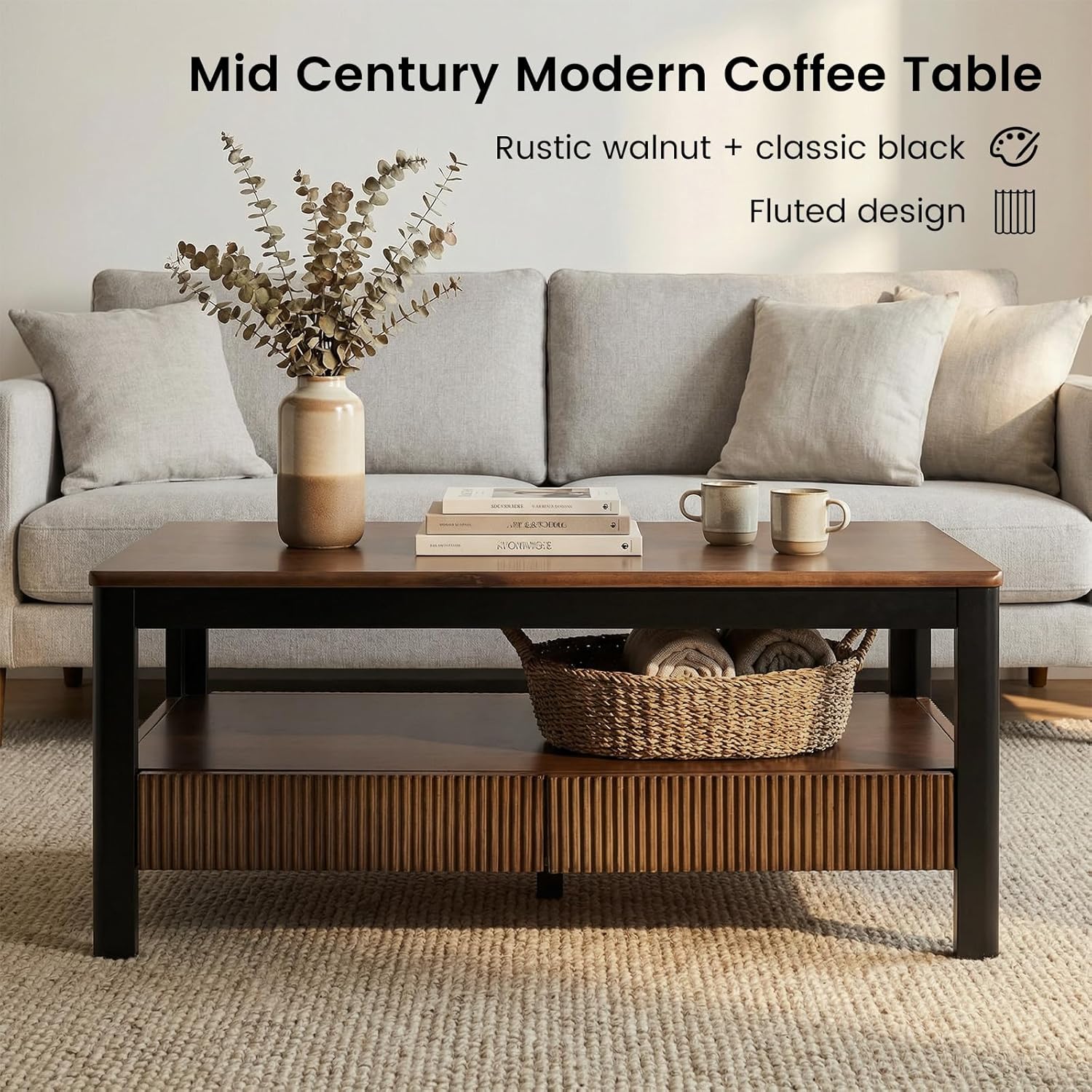 Walnut Solid Wood Coffee Table - Mid-Century Modern Fluted Coffee Table with 2 Drawers & Open Shelf Storage for Living Room, Oak Rectangle Style