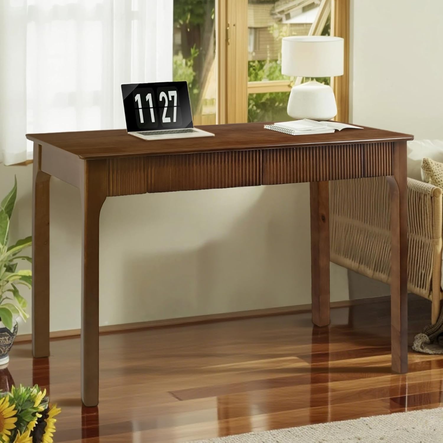 39.4"/47.2" Mid-Century Modern Solid Wood Desk with 2 Drawers - Fluted Design Writing & Computer Table for Home Office, Bedroom & Living Room, Vintage Finish