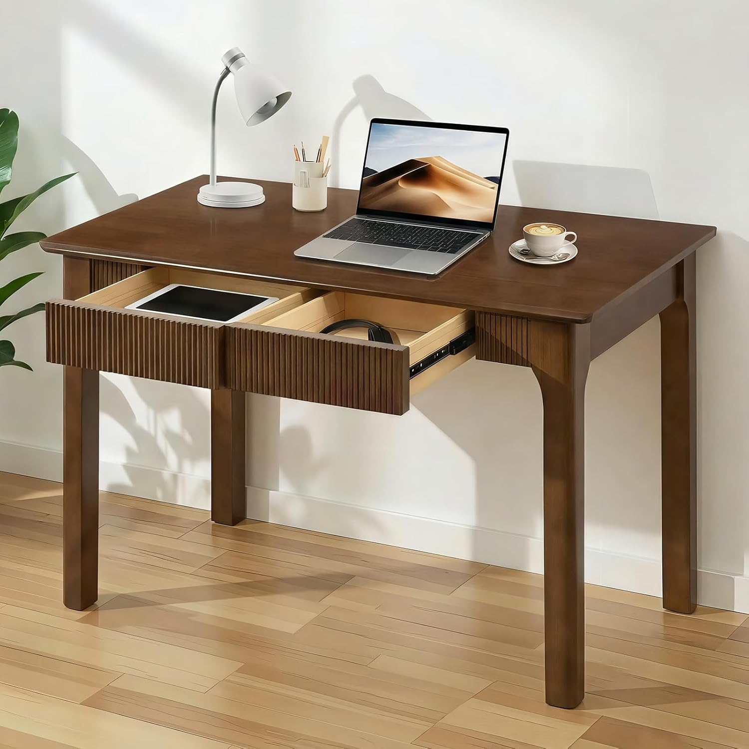 39.4"/47.2" Mid-Century Modern Fluted Solid Wood Writing Desk with 2 Storage Drawers, Oak Wood Computer Table Easy to Assemble for Home Office, Bedroom & Living Room, Natural & Walnut Finish