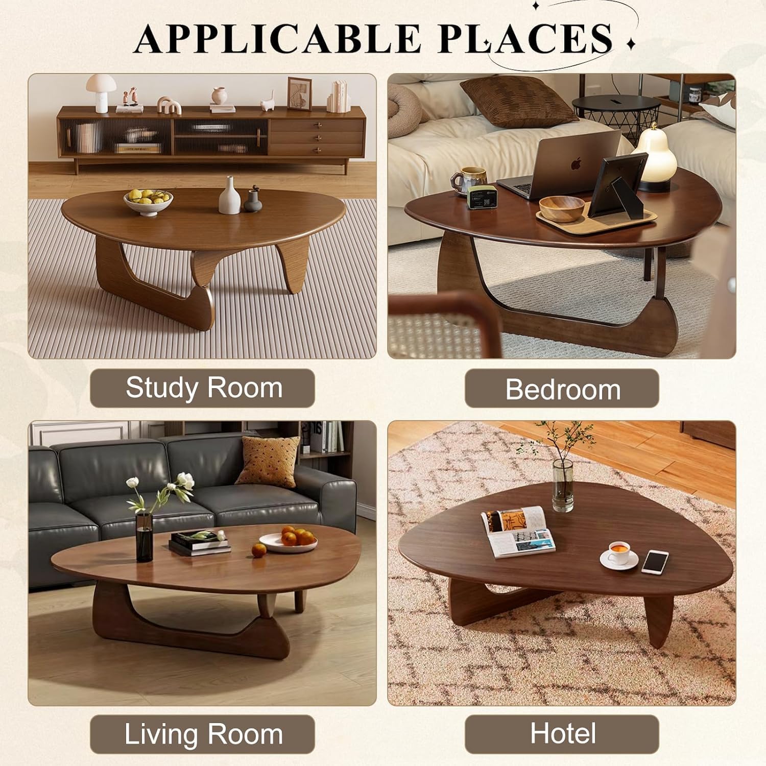 Mid-Century Modern Triangular Solid Wood Coffee Table - Unique Irregular Geometric Oval Table with Reinforced Legs for Living Room