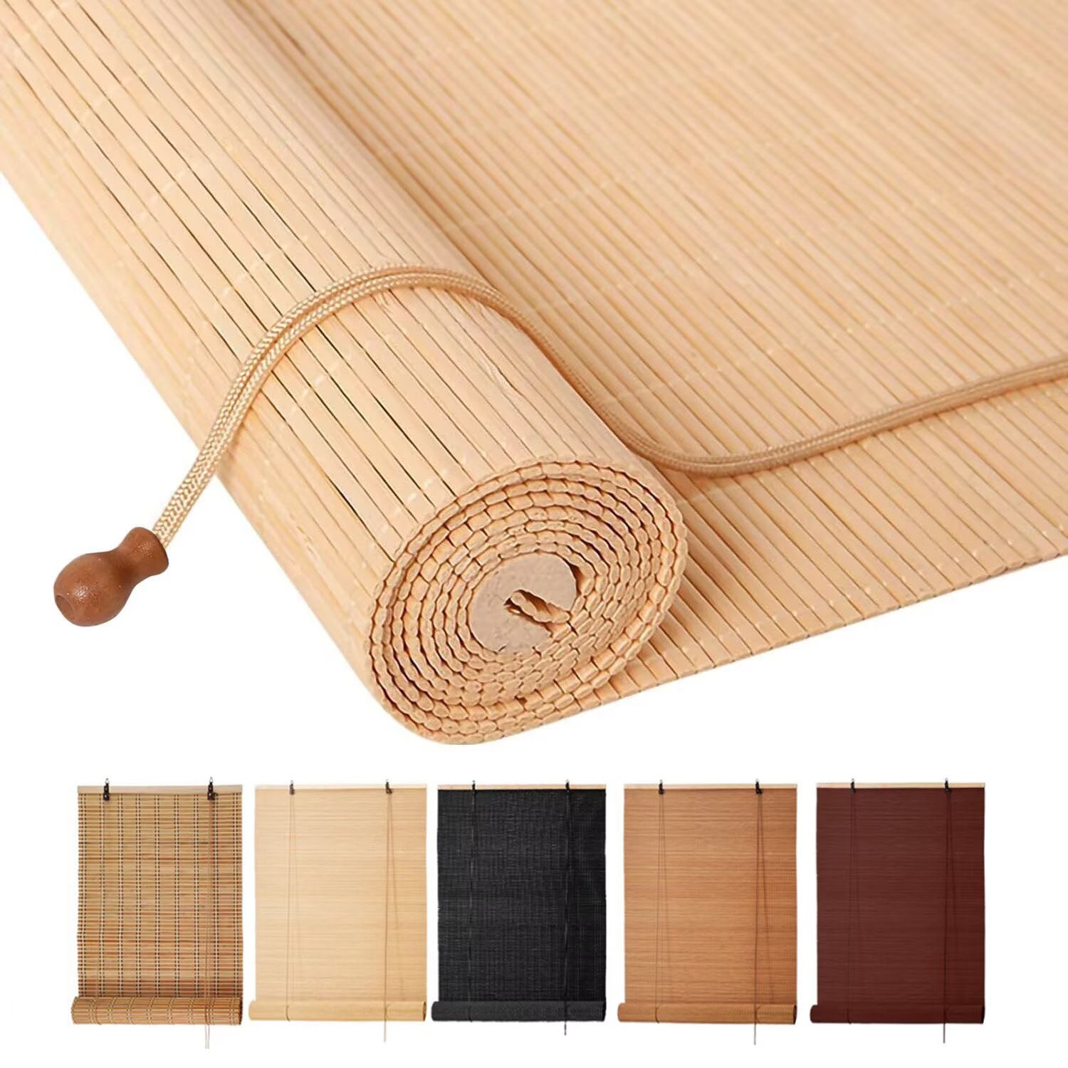 Free Shipping-Natural Bamboo Roller Shades, Classic Light Filtering Window Blinds, Easy Installation for Home & Patio, 5 Colors Available