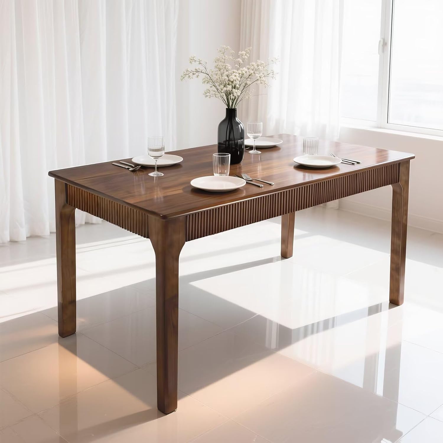 Natural & Walnut Solid Wood Dining Table for 4-6 People, Mid-Century Modern Farmhouse Rectangular Kitchen Table with Fluted Front Panel, Multipurpose Wooden Desk for Apartment, Living Room & Home Office