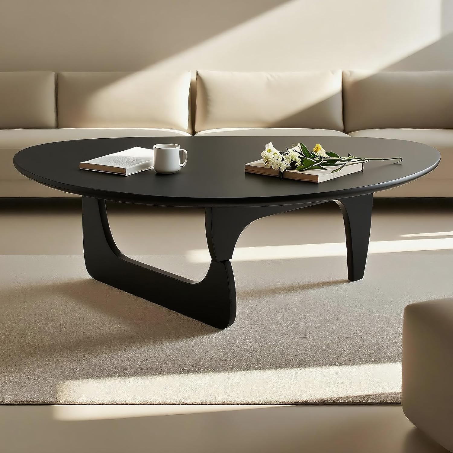 Mid-Century Modern Triangular Solid Wood Coffee Table - Unique Irregular Geometric Oval Table with Reinforced Legs for Living Room