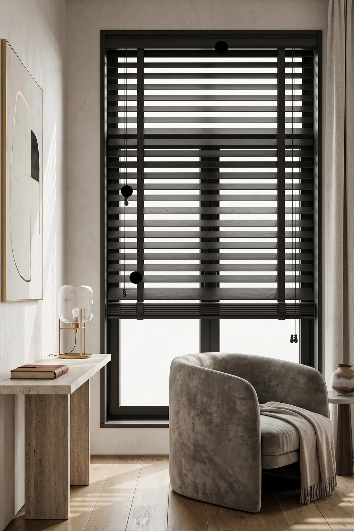 Made-to-measure custom blinds in a bright contemporary living room