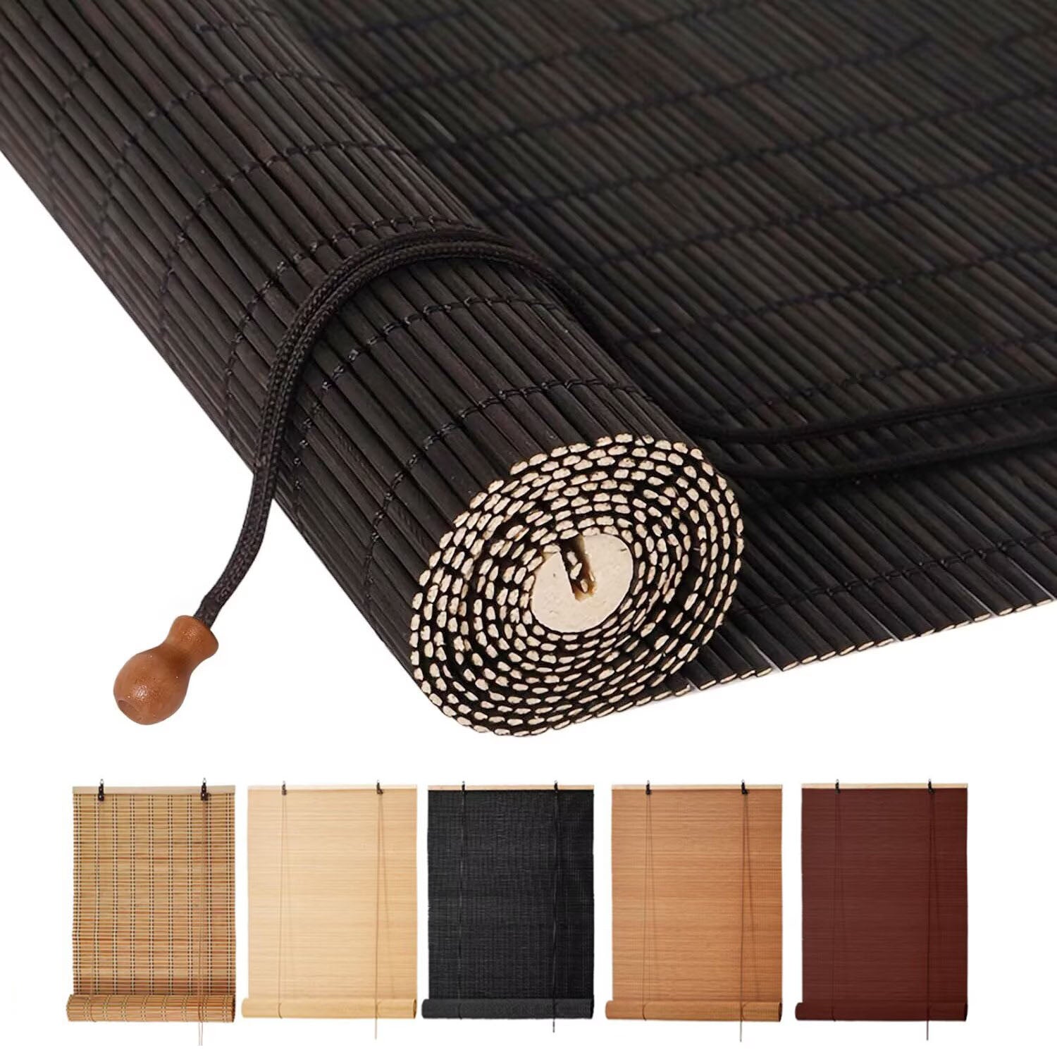 Free Shipping-Natural Bamboo Roller Shades, Classic Light Filtering Window Blinds, Easy Installation for Home & Patio, 5 Colors Available