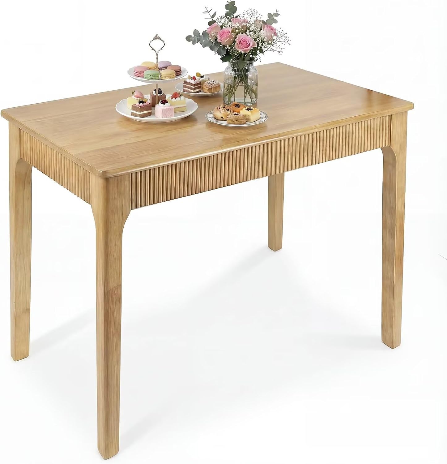 Natural & Walnut Solid Wood Dining Table for 4-6 People, Mid-Century Modern Farmhouse Rectangular Kitchen Table with Fluted Front Panel, Multipurpose Wooden Desk for Apartment, Living Room & Home Office
