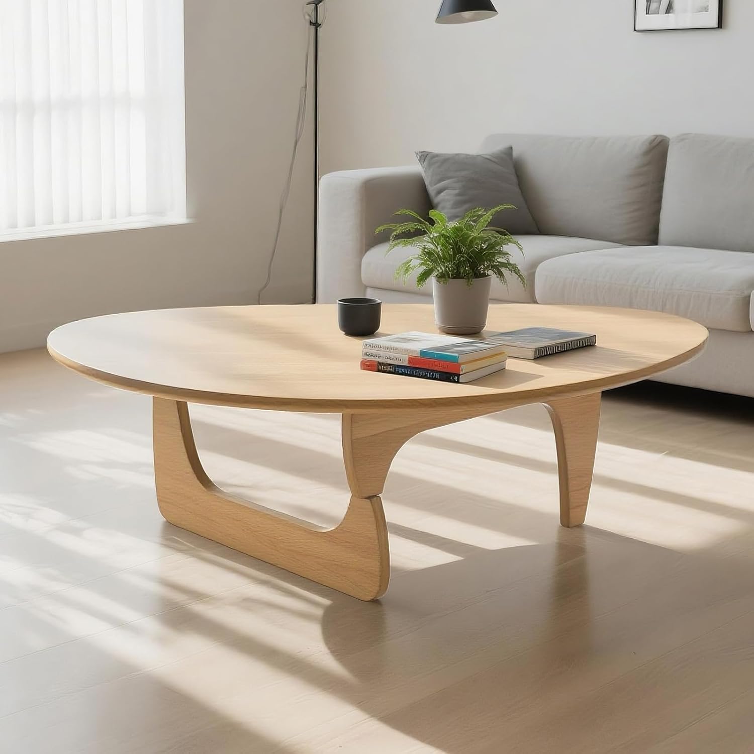 Mid-Century Modern Triangular Solid Wood Coffee Table - Unique Irregular Geometric Oval Table with Reinforced Legs for Living Room
