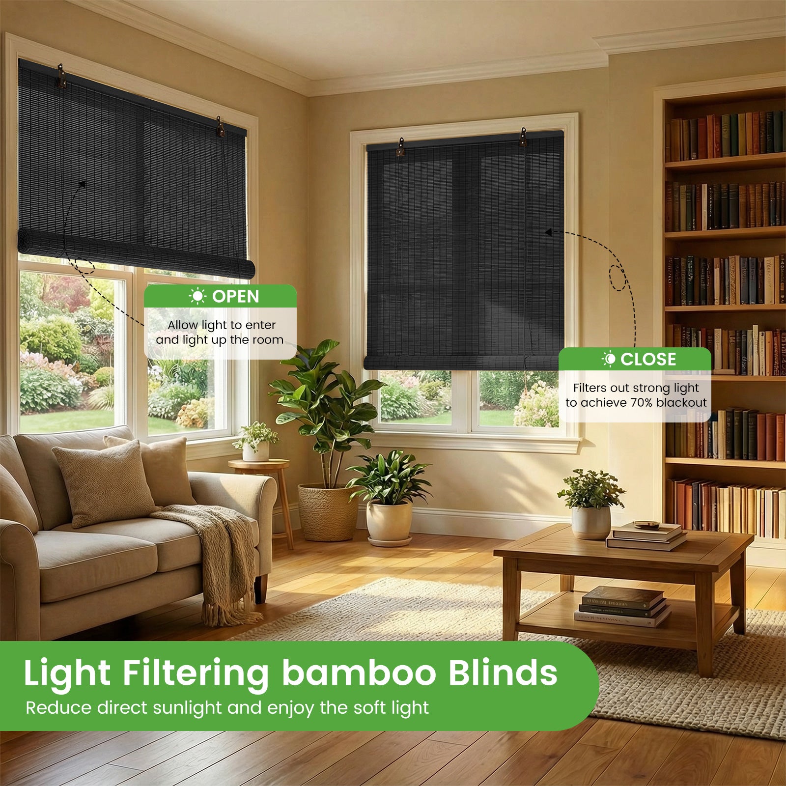 Dark woven bamboo roller shade on window, light filtering when rolled down