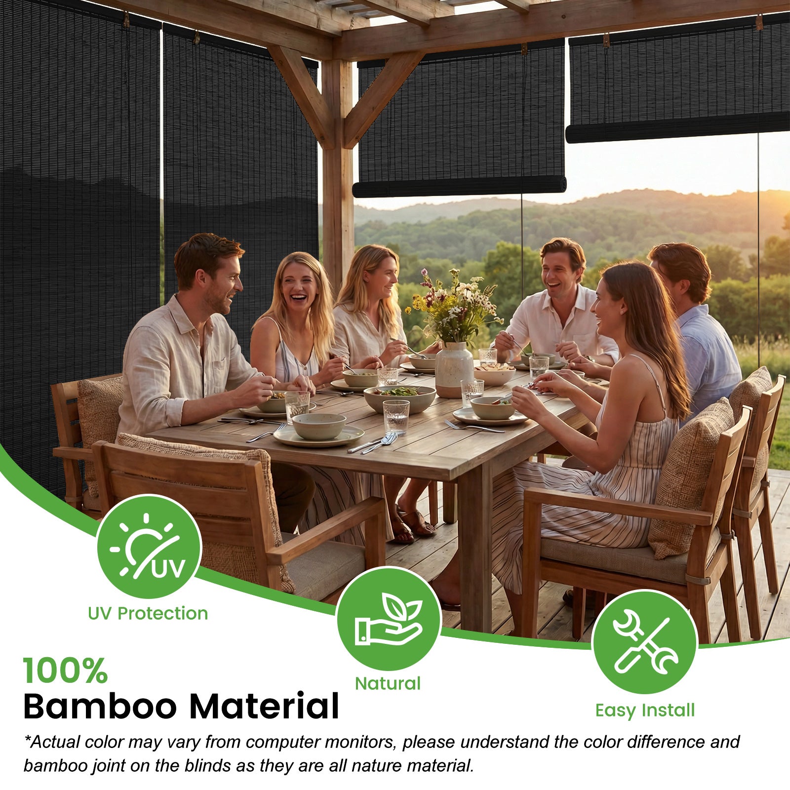 Dark woven bamboo roller shades over patio windows, rolled down for privacy