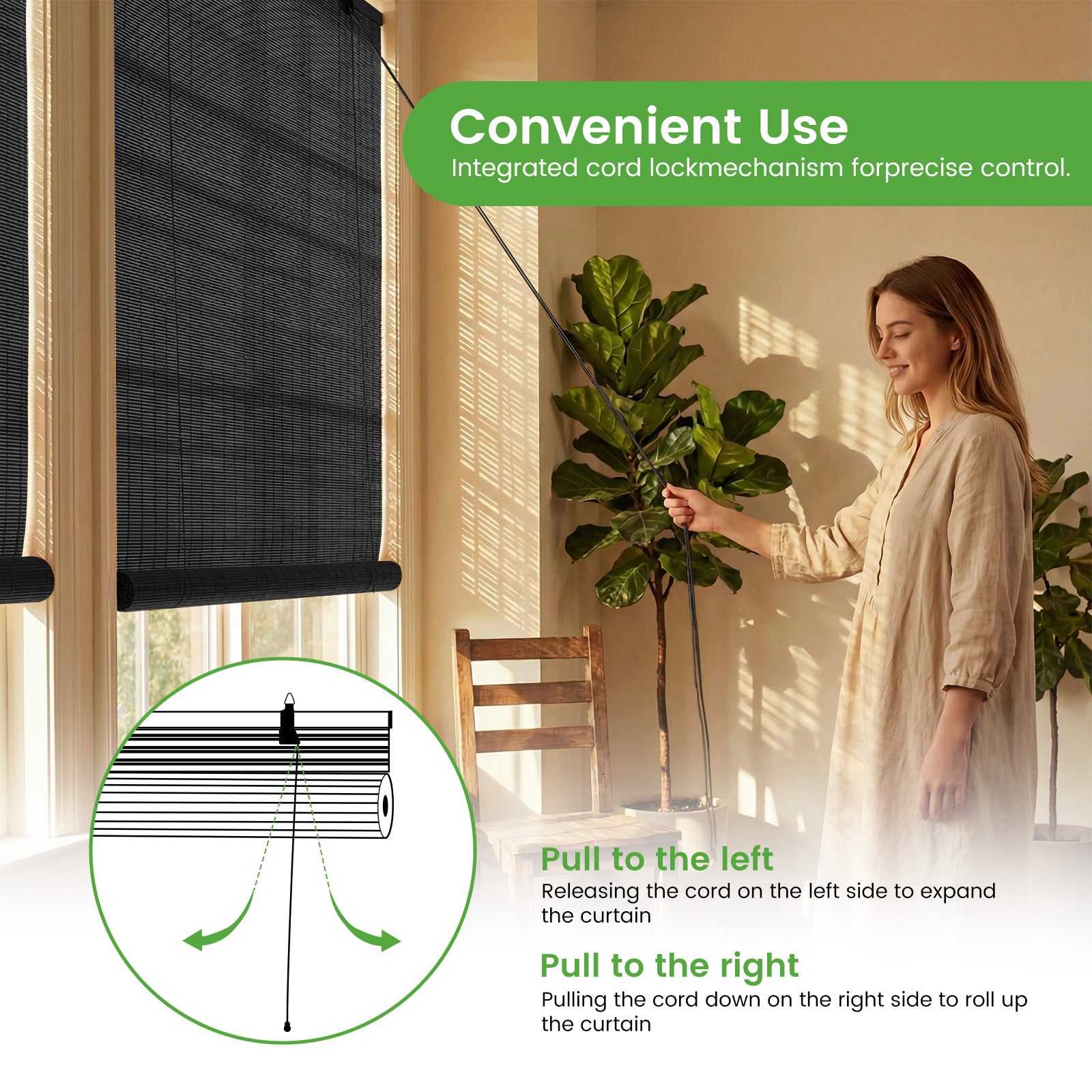 Dark woven bamboo roller shade with pull-cord control, fabric side profile