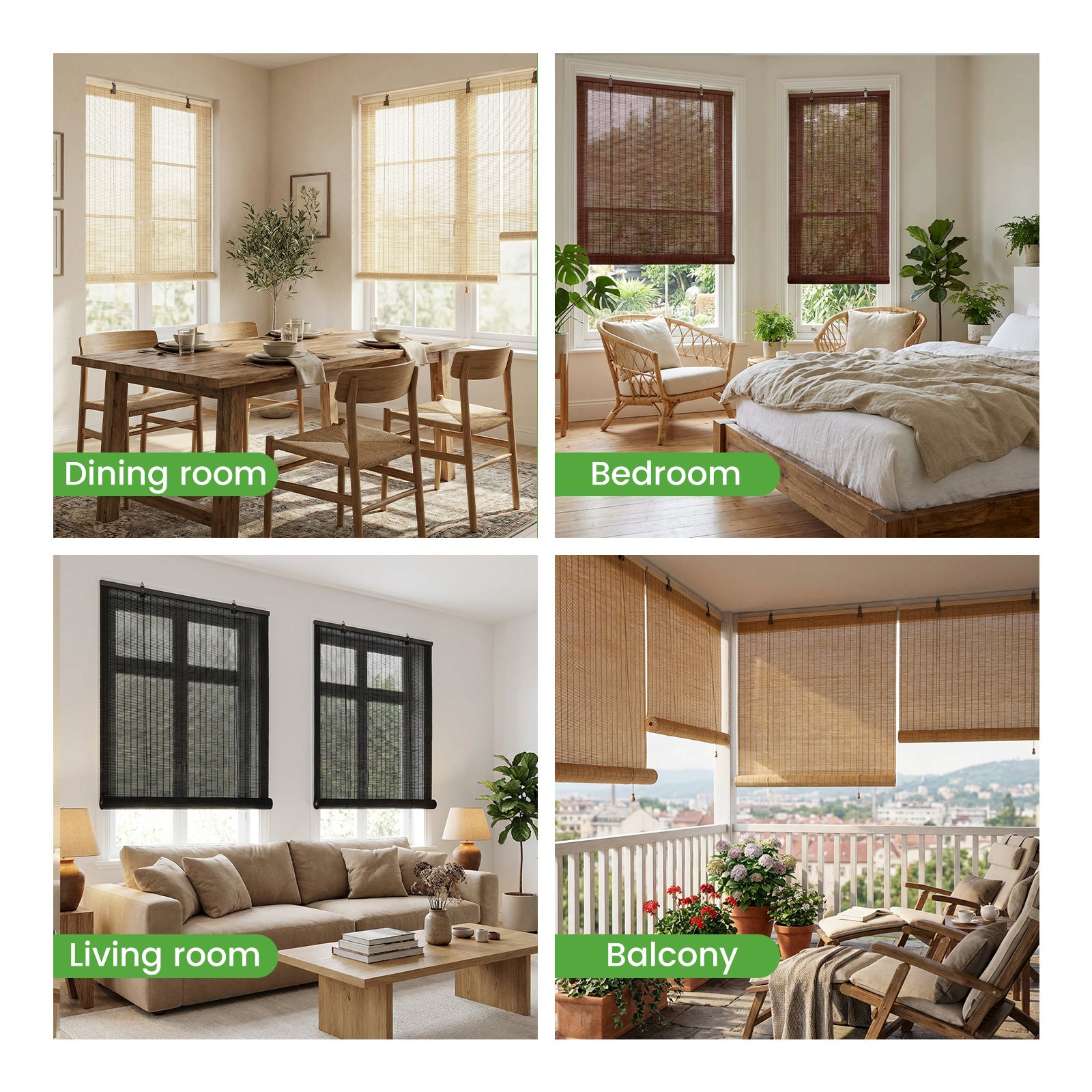 Woven bamboo roller shades in light and dark tones, shown in multiple window styles