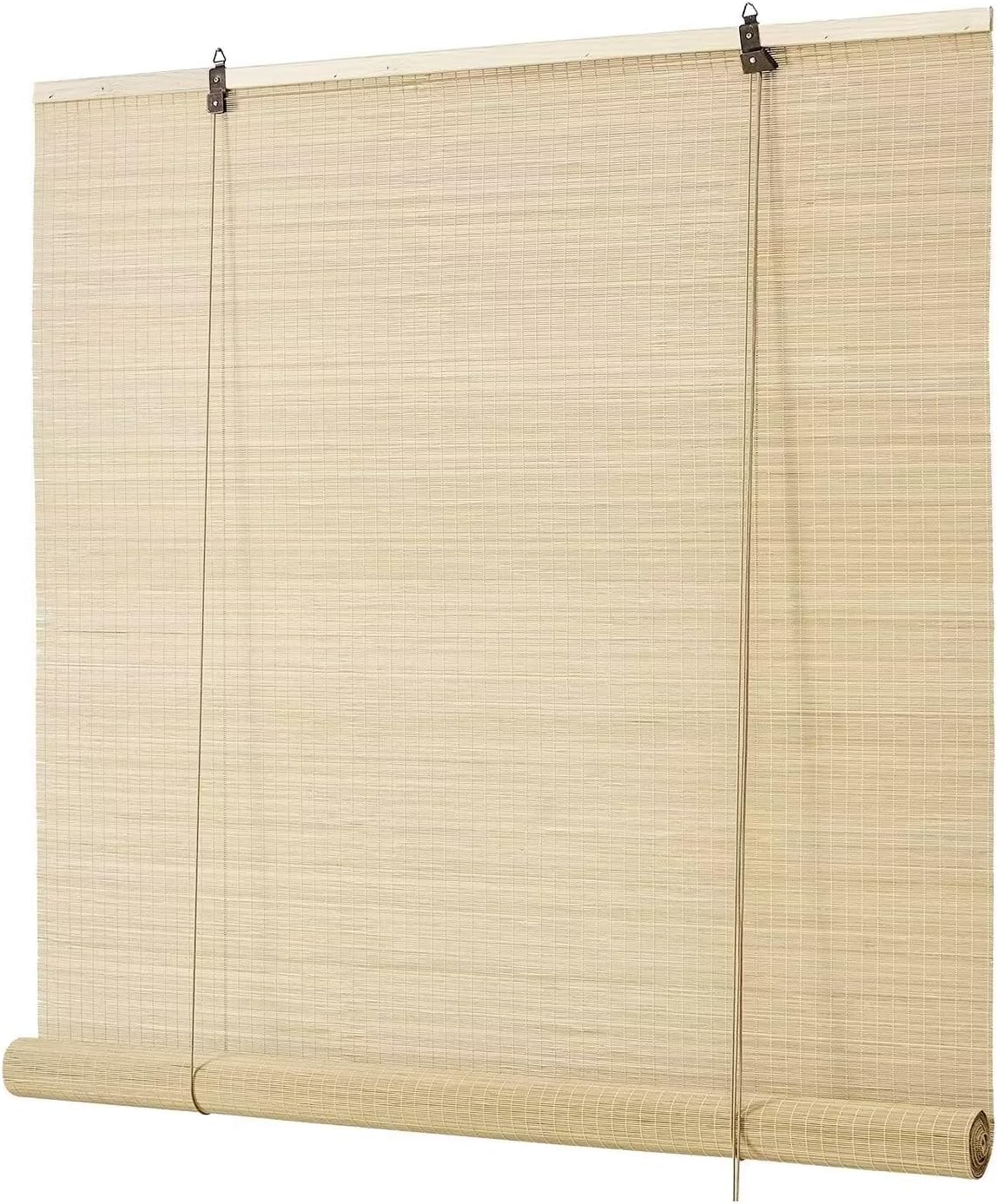Light beige bamboo roll-up shade panel with rolled bottom edge