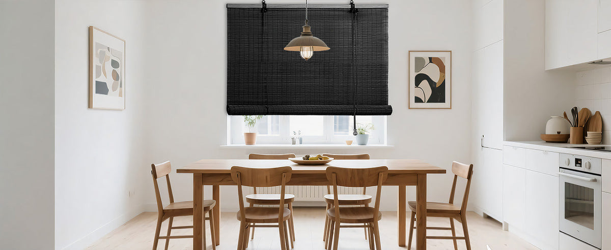 Dark charcoal bamboo roll-up shade with top bar and lift cords