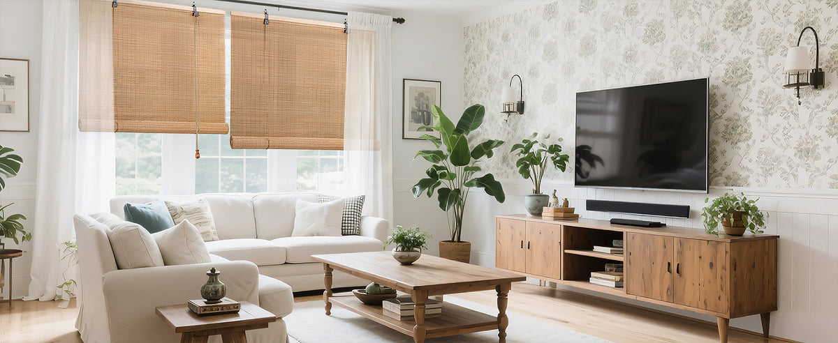 Medium brown bamboo roll-up window shade mounted above living room seating area.