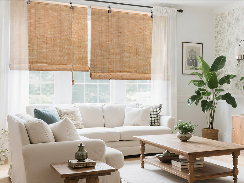 Light tan bamboo roll-up window shade with cord pulls and top mounting rod.