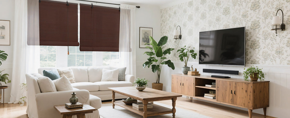 Dark brown bamboo roll-up window shade mounted on top rod with cord pulls.