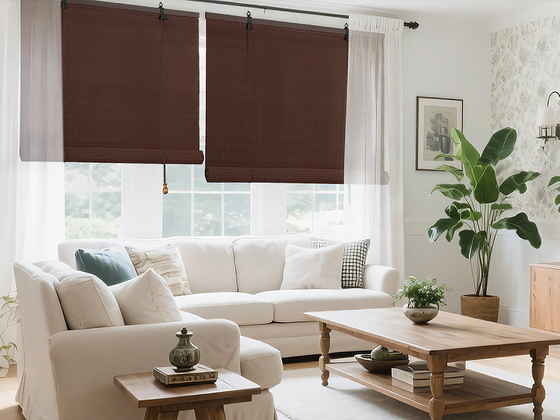 Brown bamboo roll-up shade with rolled bottom and pull cords