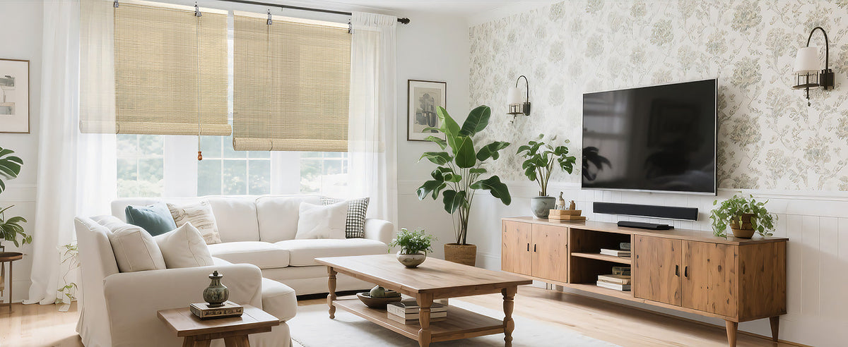 Beige bamboo roll-up shade covering a window with cords and roll