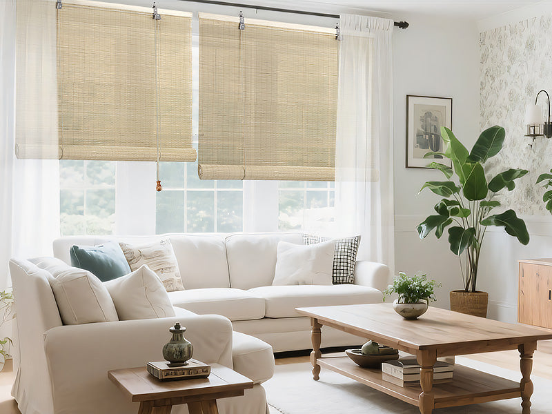 Light beige woven bamboo roll-up shades covering a window