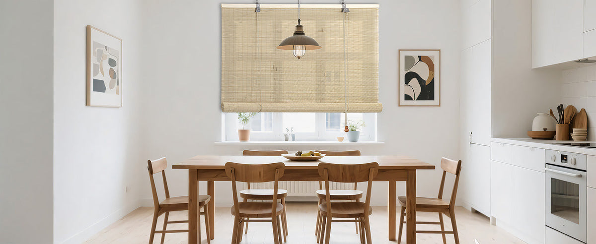 Beige bamboo roll-up shade with top mounting bar and pull cords