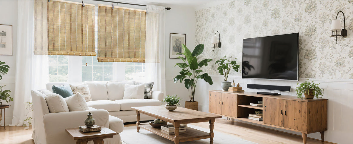 Light tan bamboo roll-up window shade mounted on top rod with cord pulls.