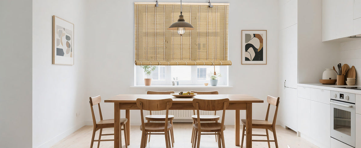 Light tan bamboo roll-up window shade with top mounting rod and cord pull hardware.