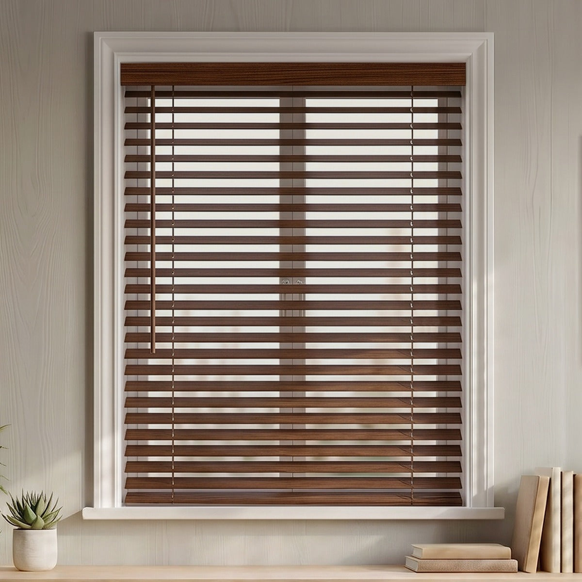 2-inch faux wood blinds with dark brown horizontal slats, mounted in white window frame.