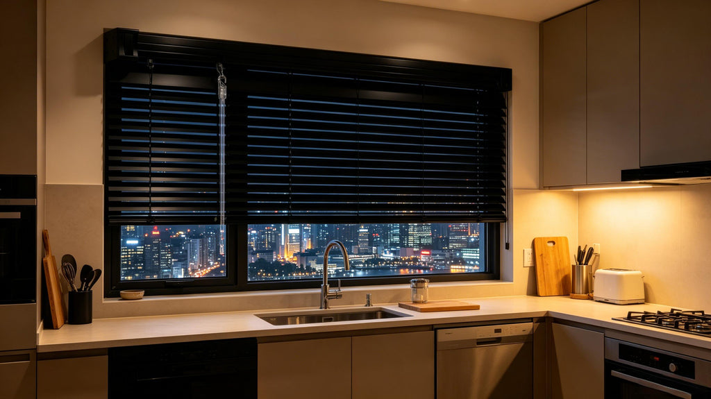Black Vinyl Mini Blinds, Cordless Design for Home Windows