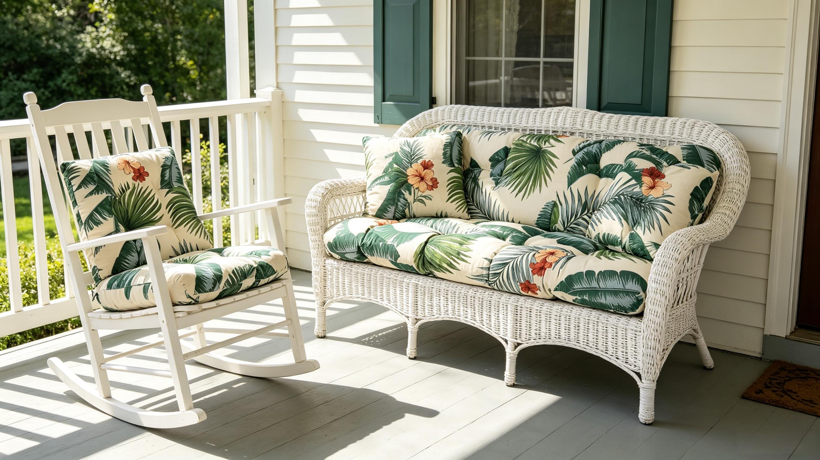 Waterproof loveseat cushion set with green tropical leaf print cover