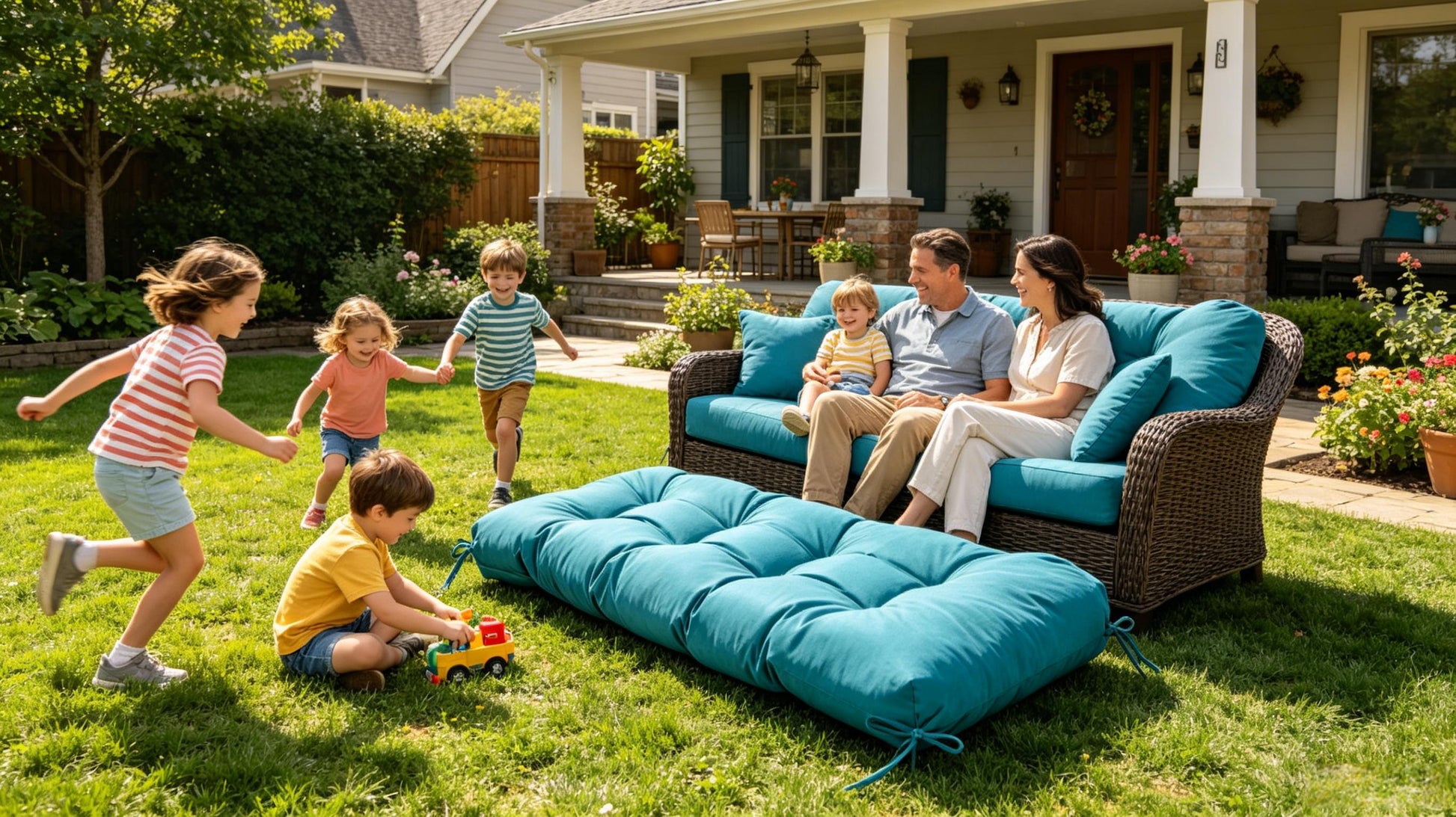 Waterproof loveseat cushion set with teal quilted seat and back cushions