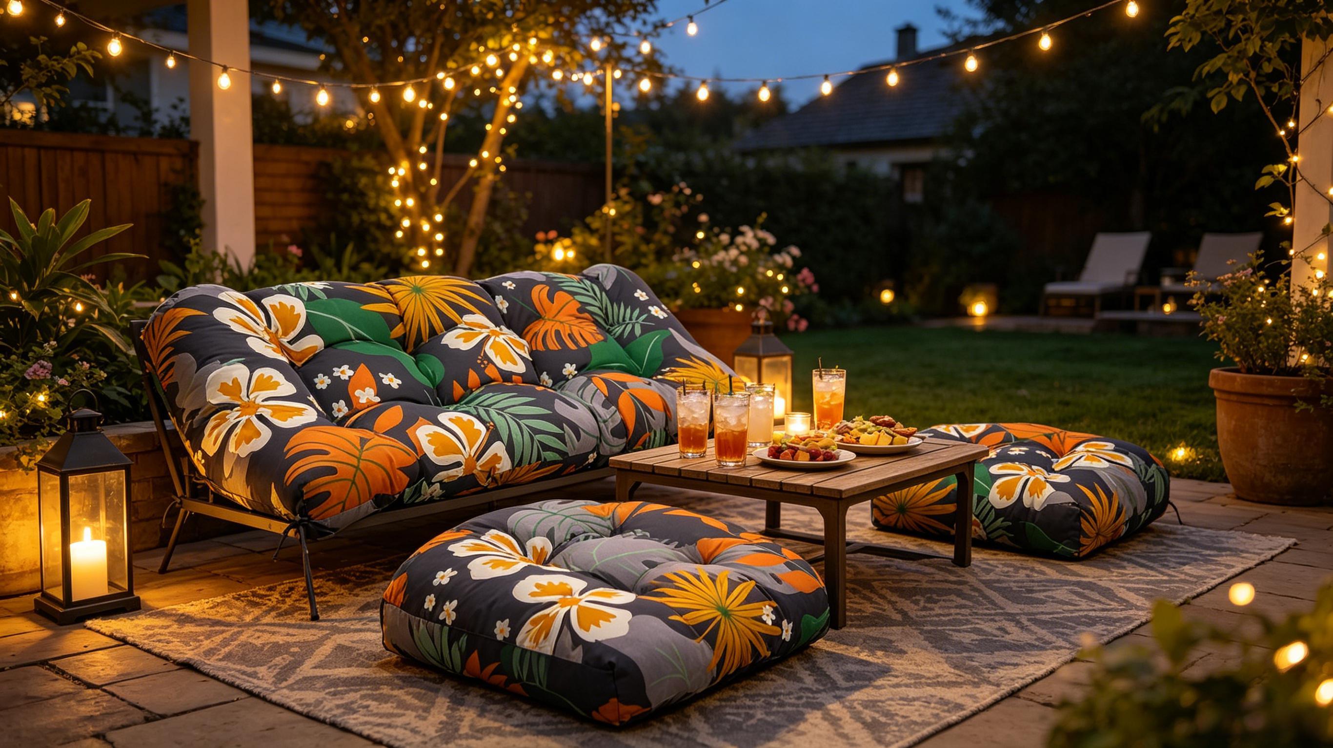 Tropical print patio loveseat cushion set, 3 pieces, black base with orange and green flower motifs