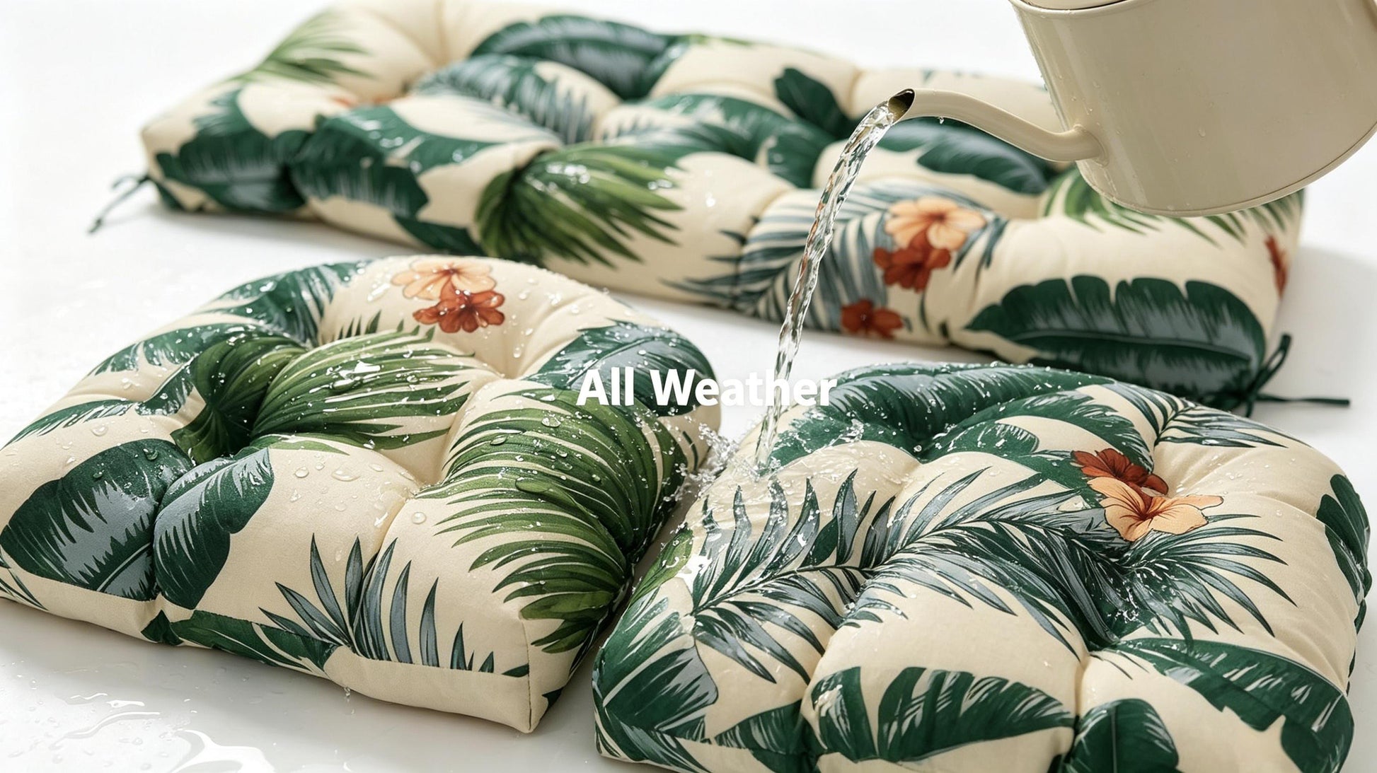 All-weather tropical patio loveseat cushion set, 3 pieces, cream with green palm leaves and blooms
