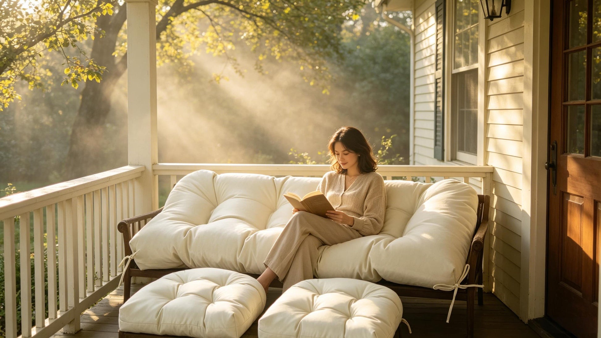 Waterproof patio loveseat cushion set, 3 pieces, light beige cushions with rounded tufted seams